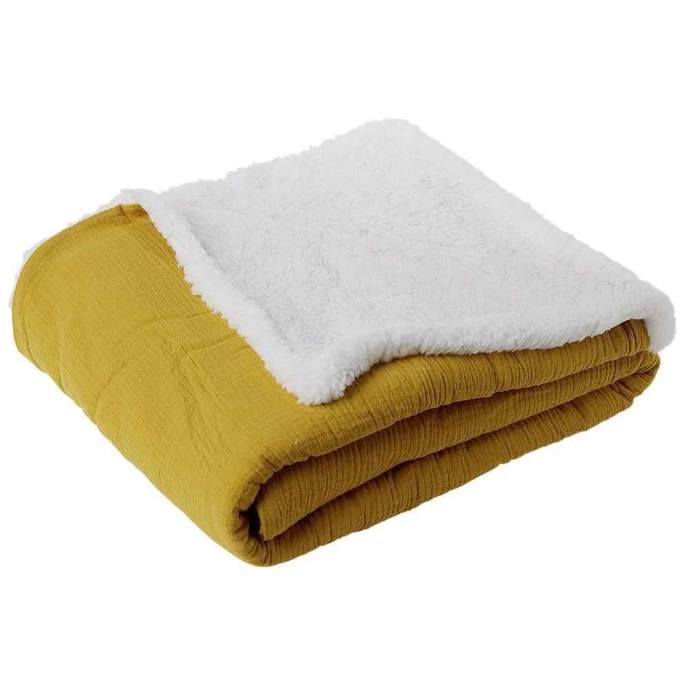 Plaid gaze de coton et sherpa 130x160cm jaune