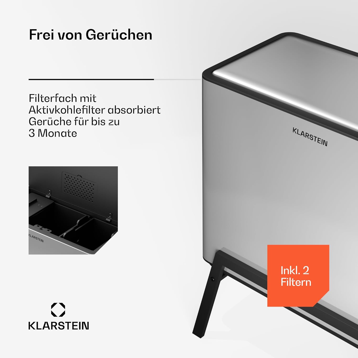 Klarstein Yuma Mülleimer – 40-Liter-Abfalleimer für die Küche mit 3 Fächern und Aktivkohlefilter, Edelstahlgehäuse, abnehmbarer Kompostbehälter, Öffnung auf Knopfdruck, geruchslos, Mülltrennsystem