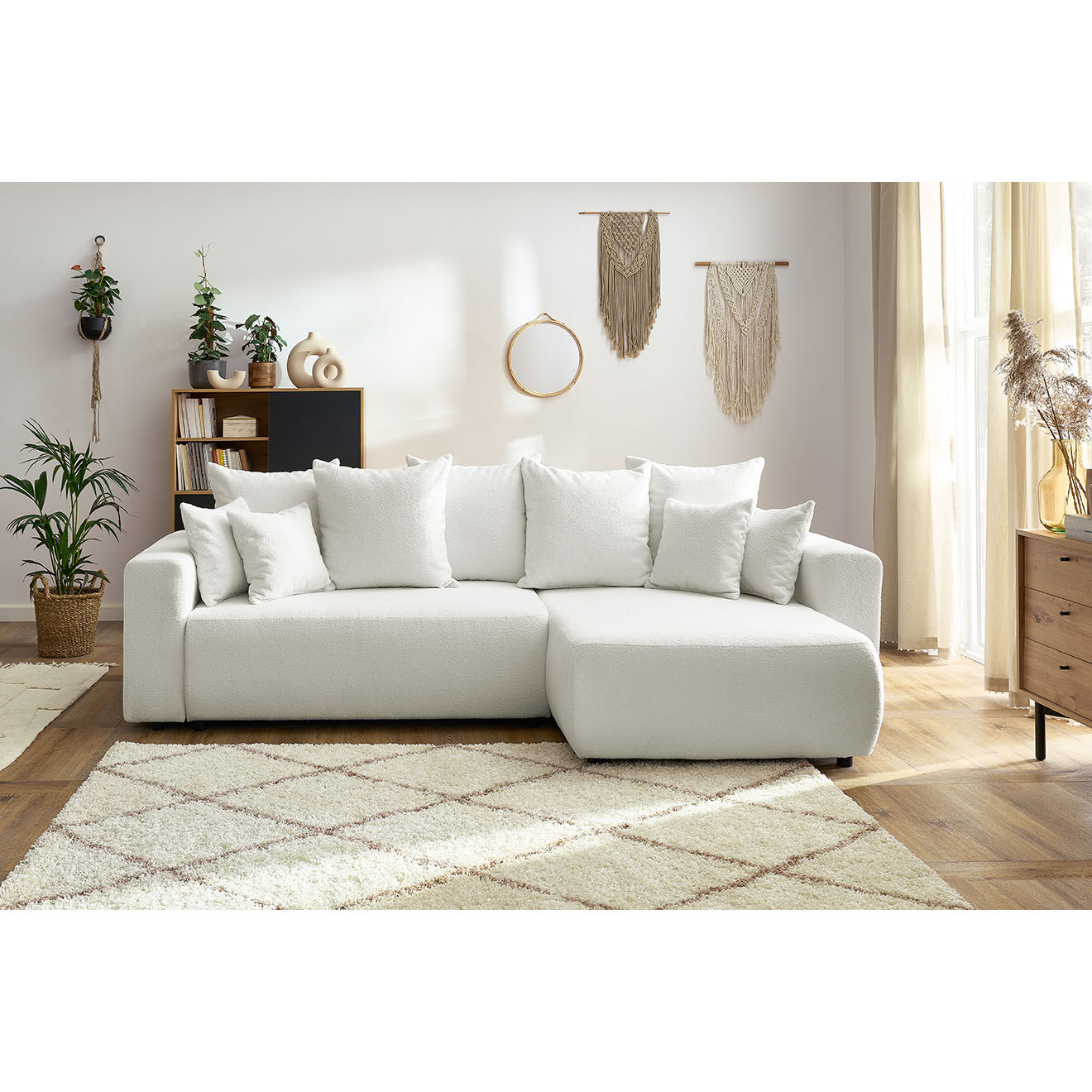 Bobochic Canapé d'angle convertible reversible bouclette Envy blanc - 282x153x95 cm