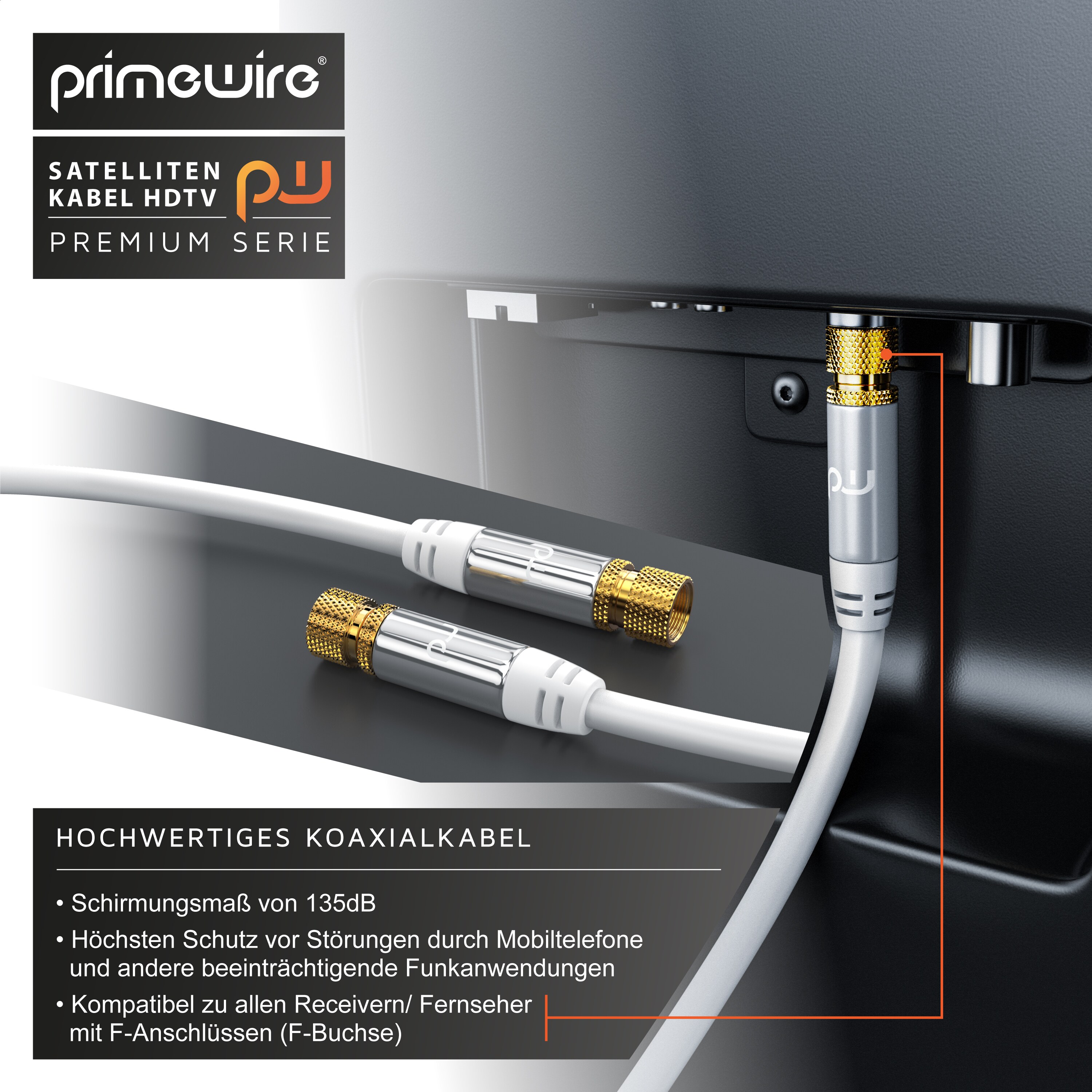 Primewire SAT-Kabel, Koax, F-Stecker, Premium HDTV SAT Koaxialkabel, 4fach Schirmung, 135dB, 75 Ohm - 3m