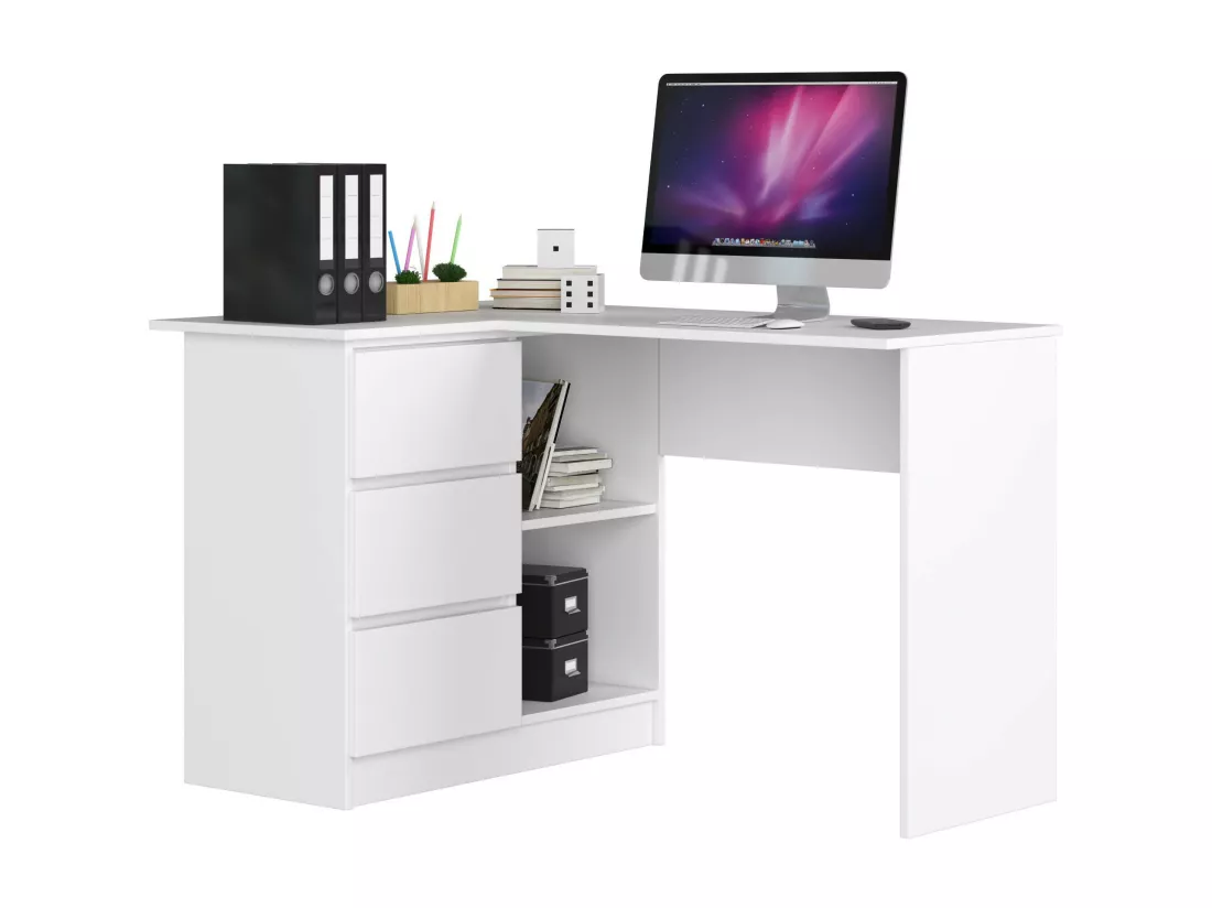 Bureau AKORD d'angle gauche B16 Blanc 124 cm 3 tiroirs façade Blanche 2 étagères 124x85x77 cm