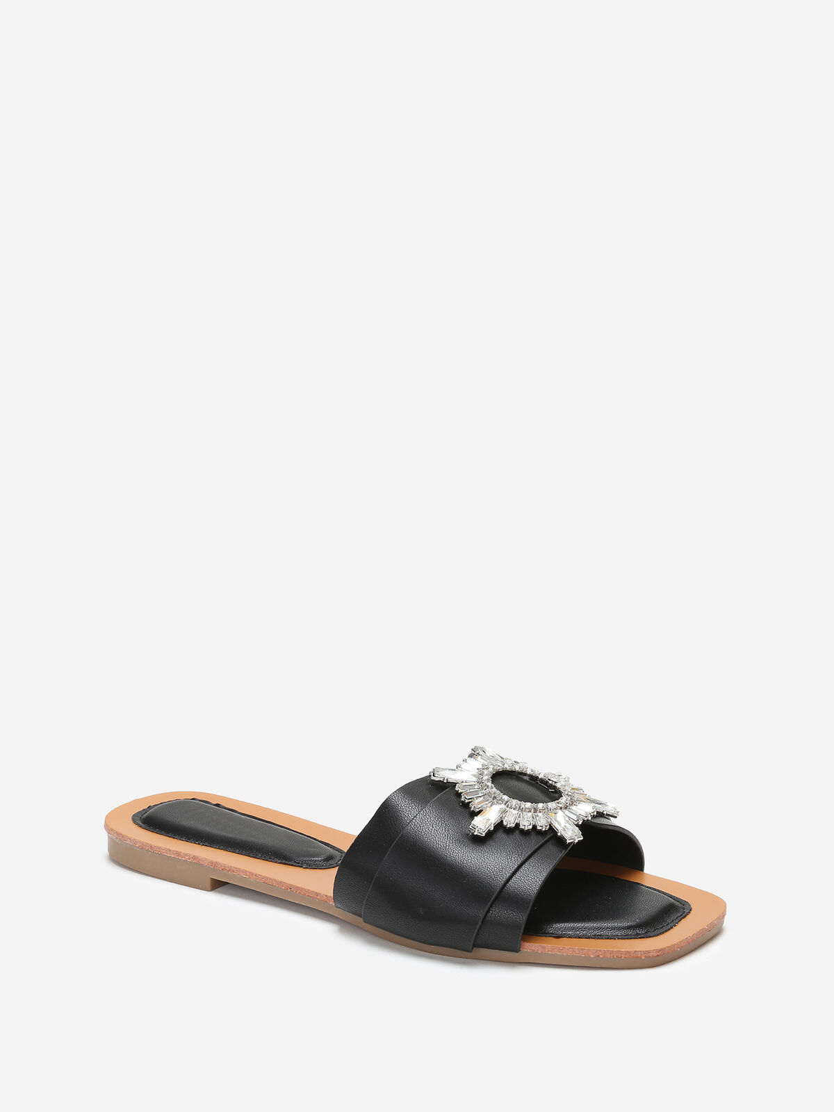 Mules carrées à bride avec bijou en strass- Noir