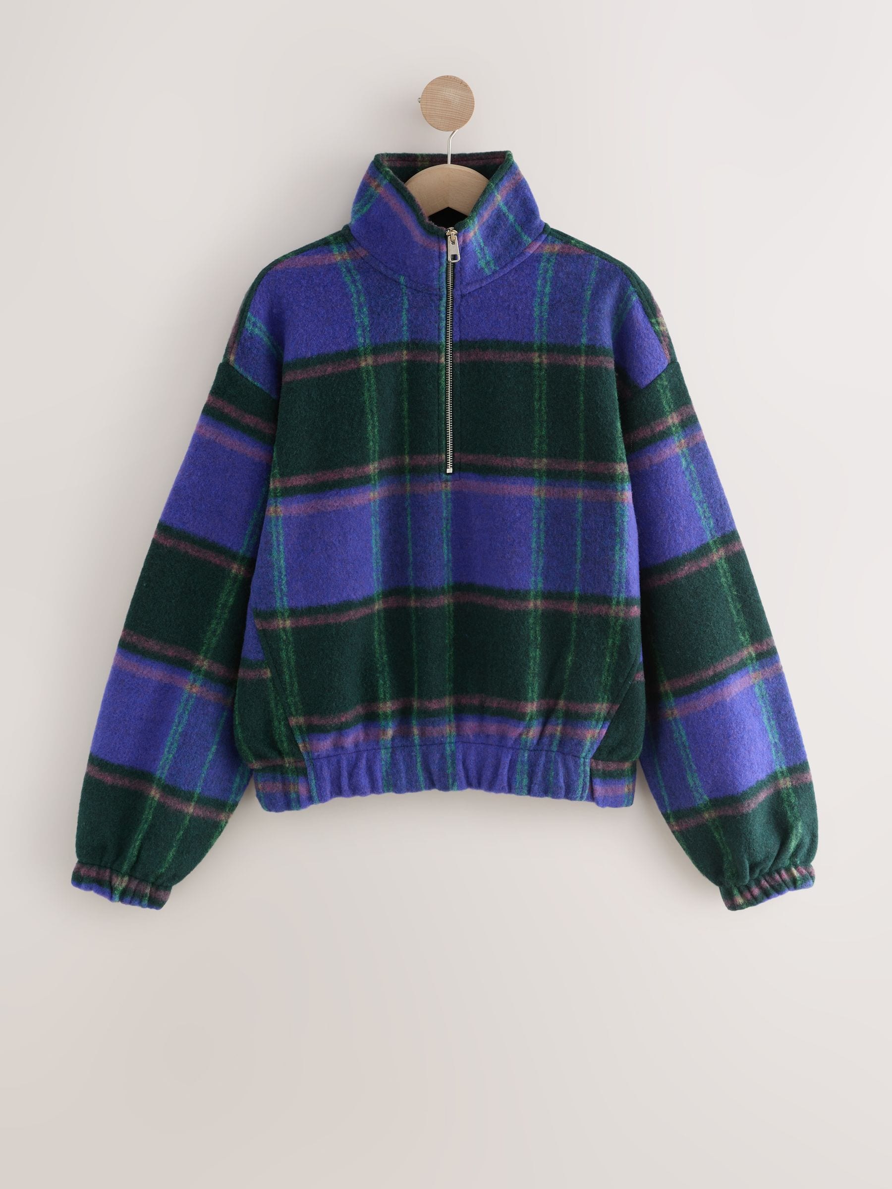 Kobaltblauw - Check Soft Brushed Zip Funnel Neck Teddy Fleece Jacket