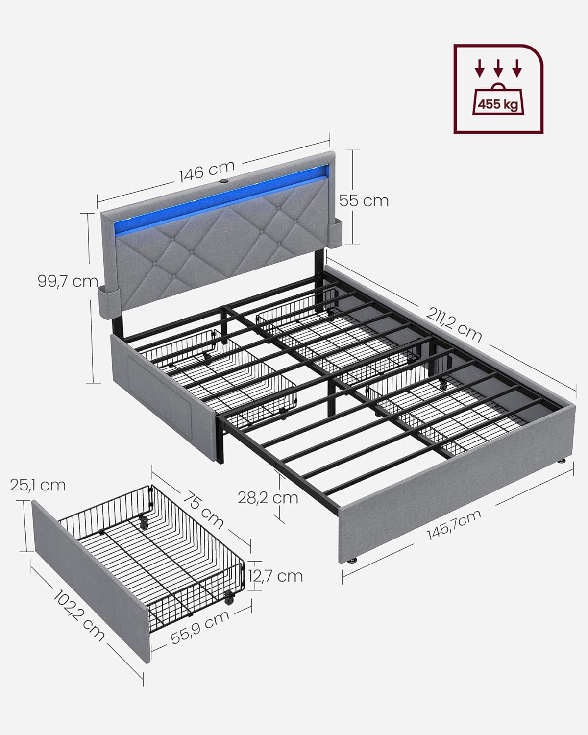 VASAGLE Bett 140 x 200 cm, Polsterbett, Doppelbettgestell, LED, Bettgestell, Metallbett, 4 Schubladen, Ladestation, verstellbares gepolstertes Kopfteil, hellgrau-Mattschwarz RMB827G01