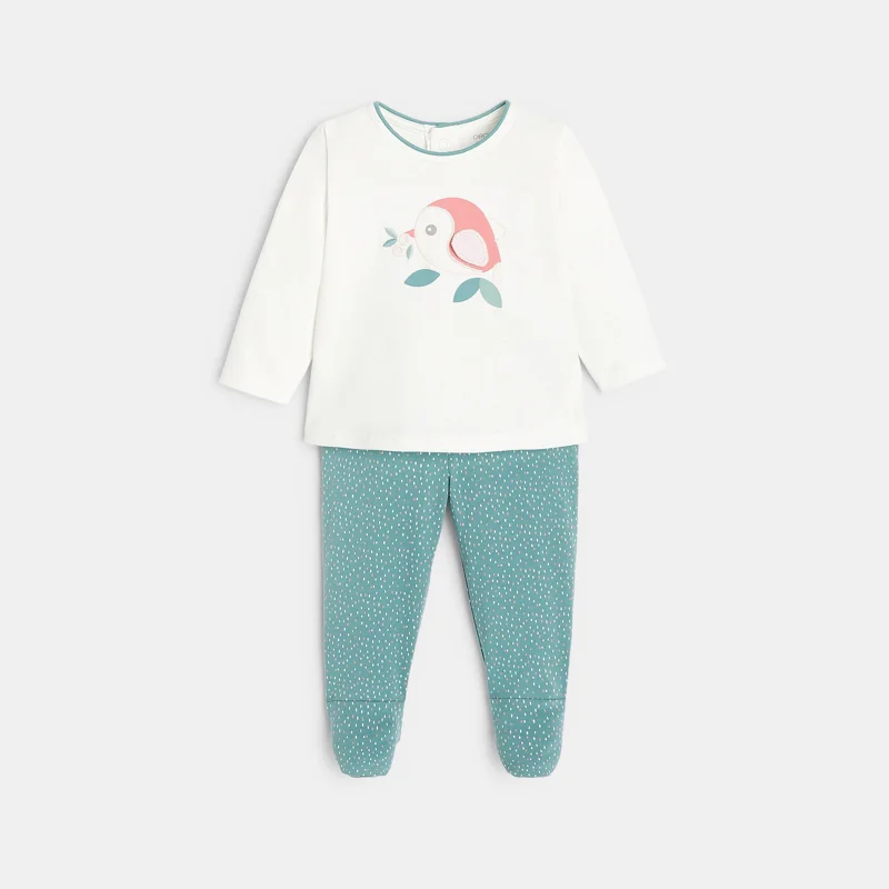 Pyjama oiseau en relief jersey vert bébé fille Vert