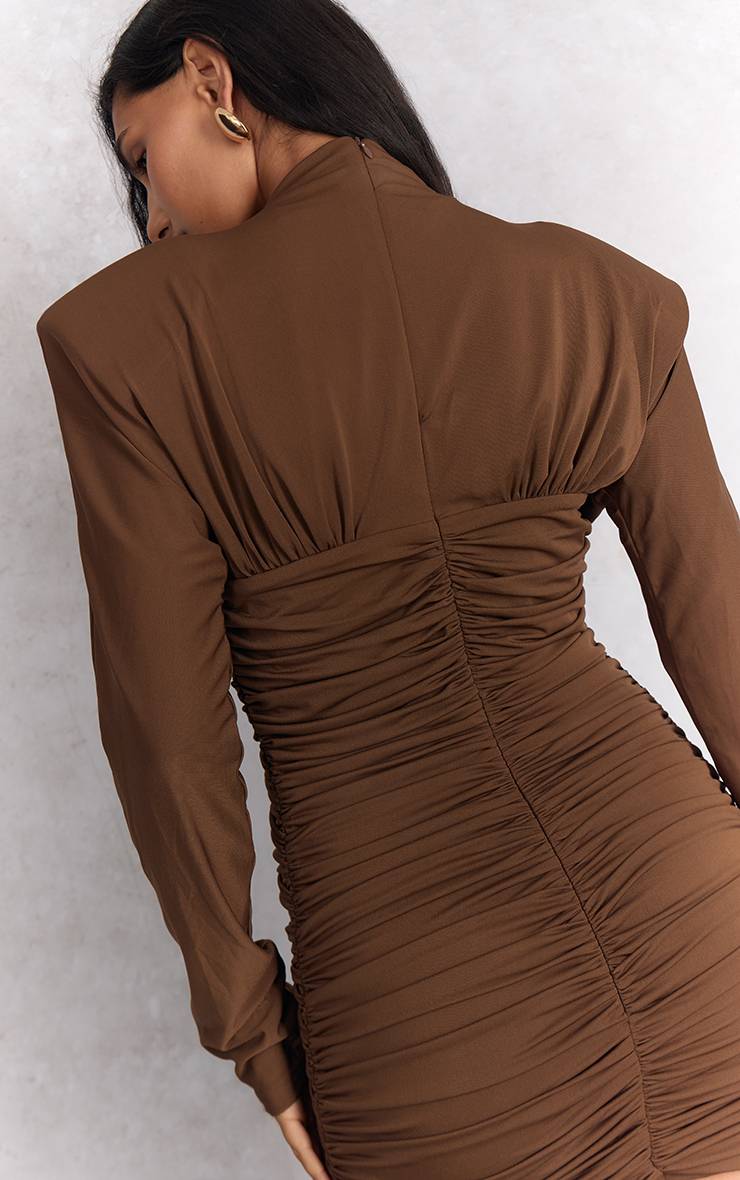Chocolate Brown Robe Moulante Froncée À Manches Longues