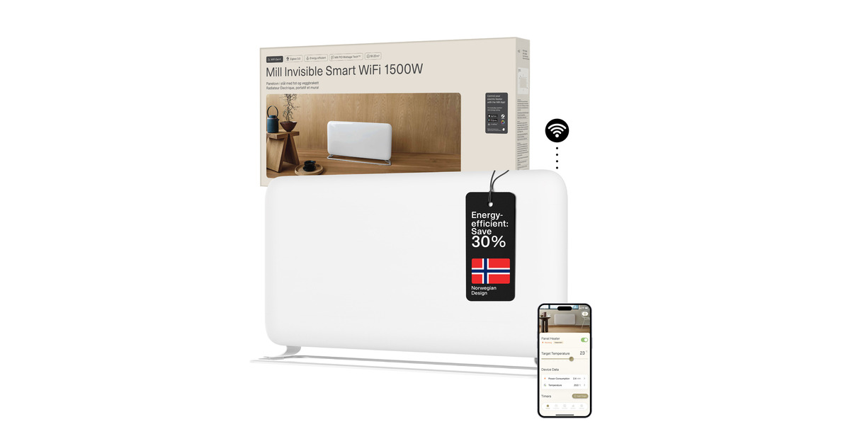 MillSteel WiFi paneelverwarming PA1500WIFI4A met voet, 1500 Watt convector  (Wit, wifi 2,4 GHz (wifi 6), Bluetooth 5.2, Zigbee 3.0 + App)