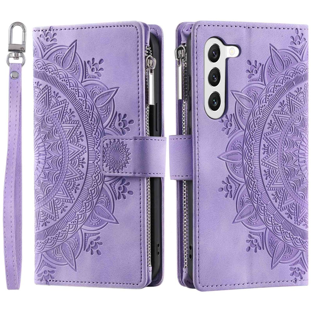 Samsung Galaxy S23 5G Leder Tasche Flip Cover mit Reissverschluss - Mandala Flowers Imprint - Lila