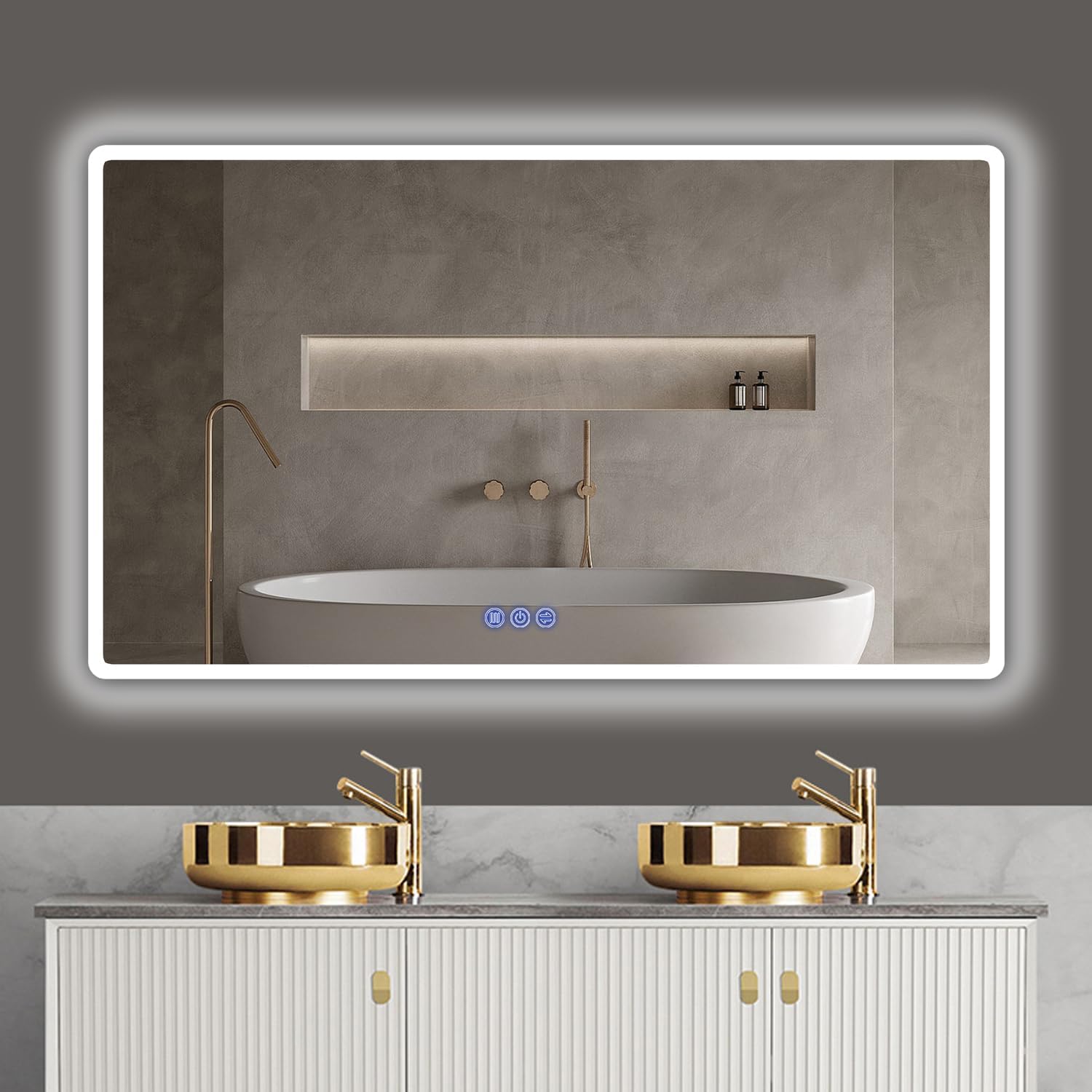 Badspiegel mit Beleuchtung 120x70 cm, LED-Badezimmerspiegel mit Touch-Schalter, Antibeschlag, 3 stufenlos dimmbare Lichtfarben, IP65, HD-Hartglas, Einfacher Lichtring