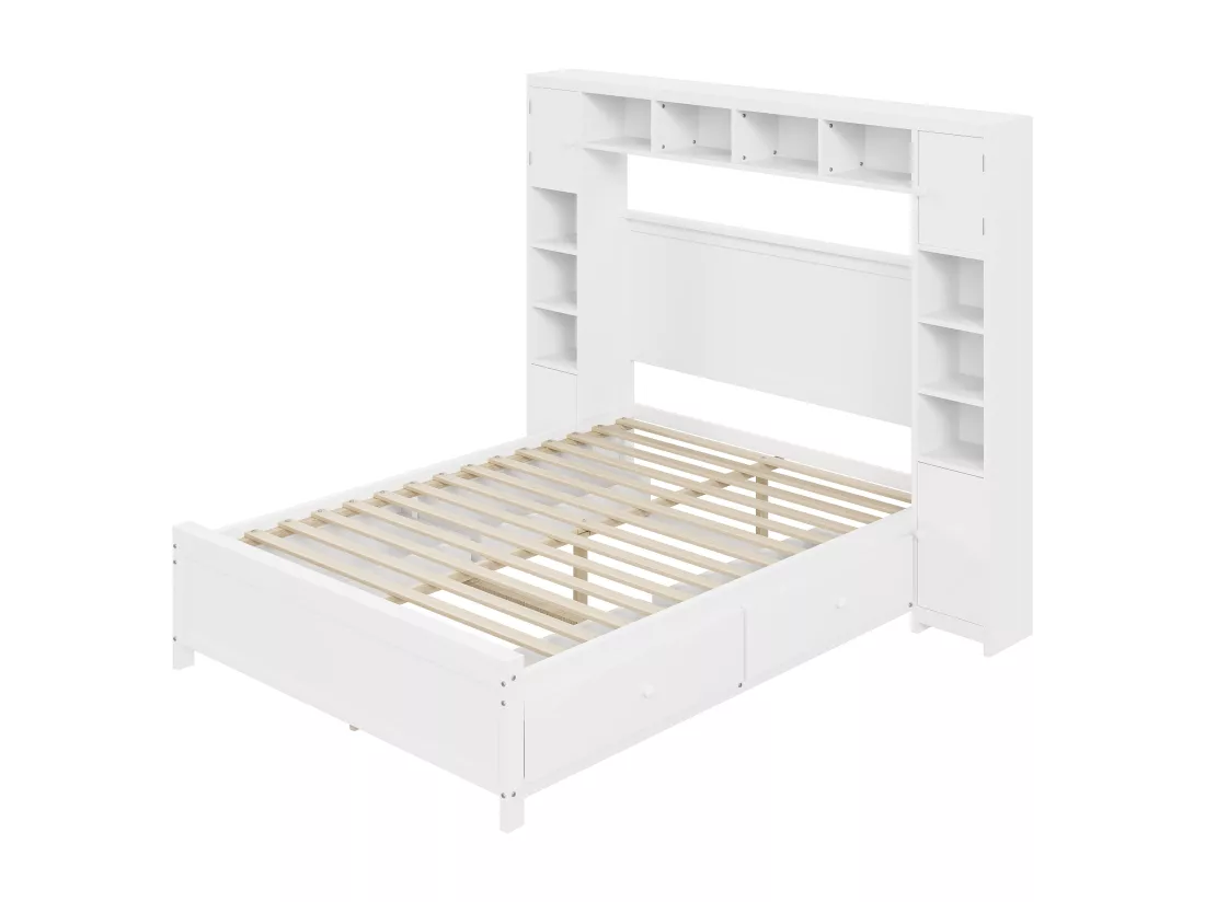 Lit 140 x 200 cm avec 4 tiroirs et rangement - Bois massif - Décor blanc - CONAN