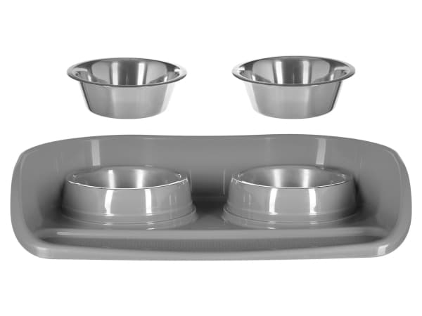 Sett: 2x skål 1,3L rustfritt stål + dekkeunderlag for hunder, grå, 66x49x12cm