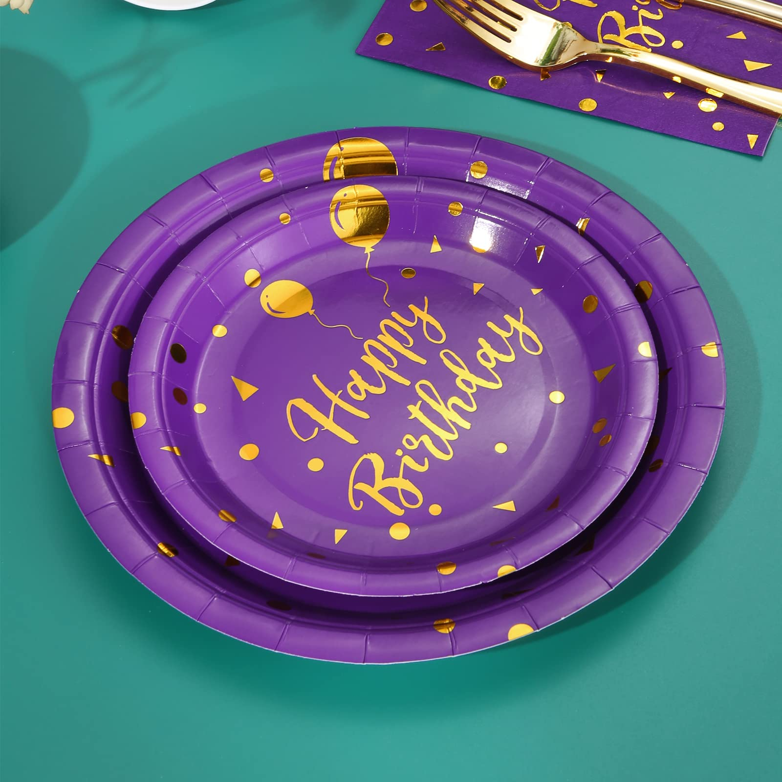 (112-tlg. Set) Einweg Geschirr Geburtstags Party Tisch Deko inkl. Teller / Servietten / Besteck / Papp Becher - Violett / Gold