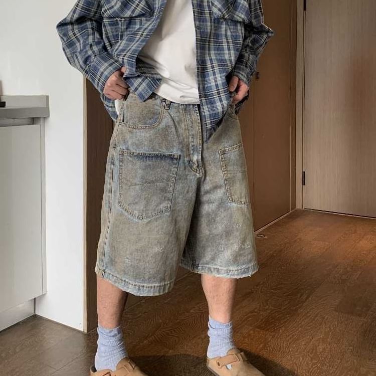 Adotuiastic - Mid Rise Washed Denim Loose Fit Cargo Jorts