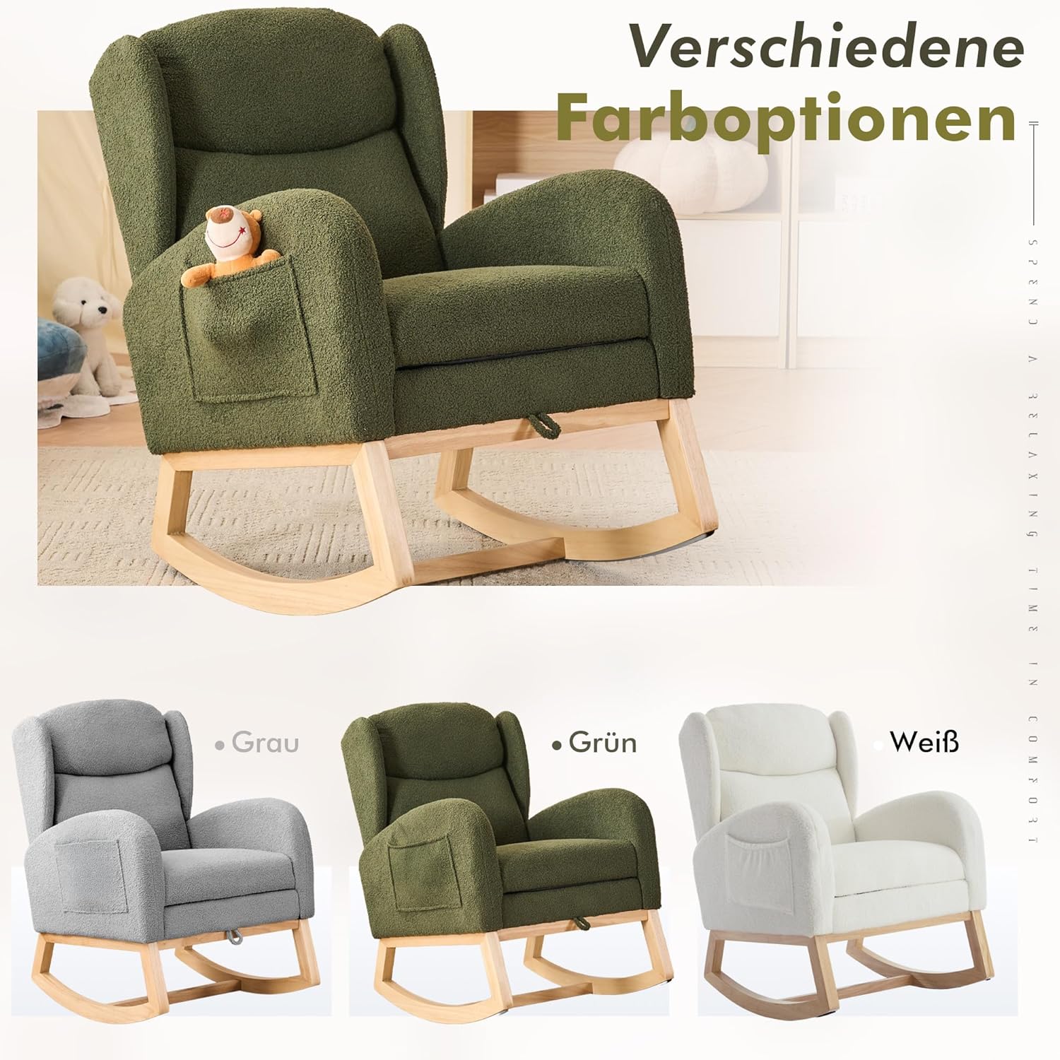 Schaukelstuhl mit Fußstütze, Großem Sitz und Seitentasche, Hoher Rückenlehne Rocking Chair für Wohnzimmer Innen, Stillsessel Stillstuhl mit Ausziehbarer Beinauflage, Teddy-Stoff, Grün