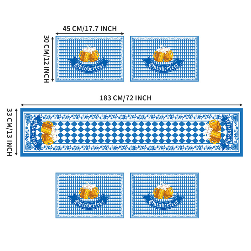(5-tlg. Set) Oktoberfest Tischläufer   Tischsets Bayrische Teller Untersetzer Motto Party Dekoration - Blau / Weiss