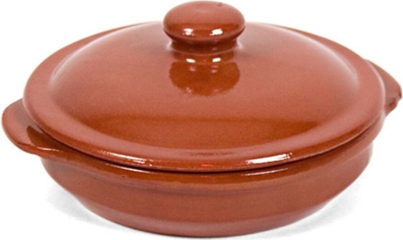 1x Stenen ovenschalen met deksel bruin/ terracotta 18 cm - Terracotta ovenschalen/stoofpotten