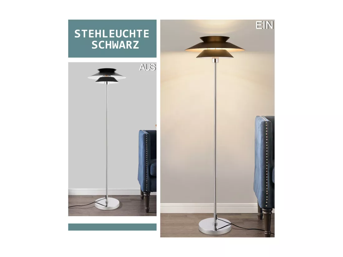 NETTLIFE Lampadaire Salon Noir Moderne E27 1 flamme avec interrupteur à pied Vintage Métal Design Industriel Hauteur 145CM