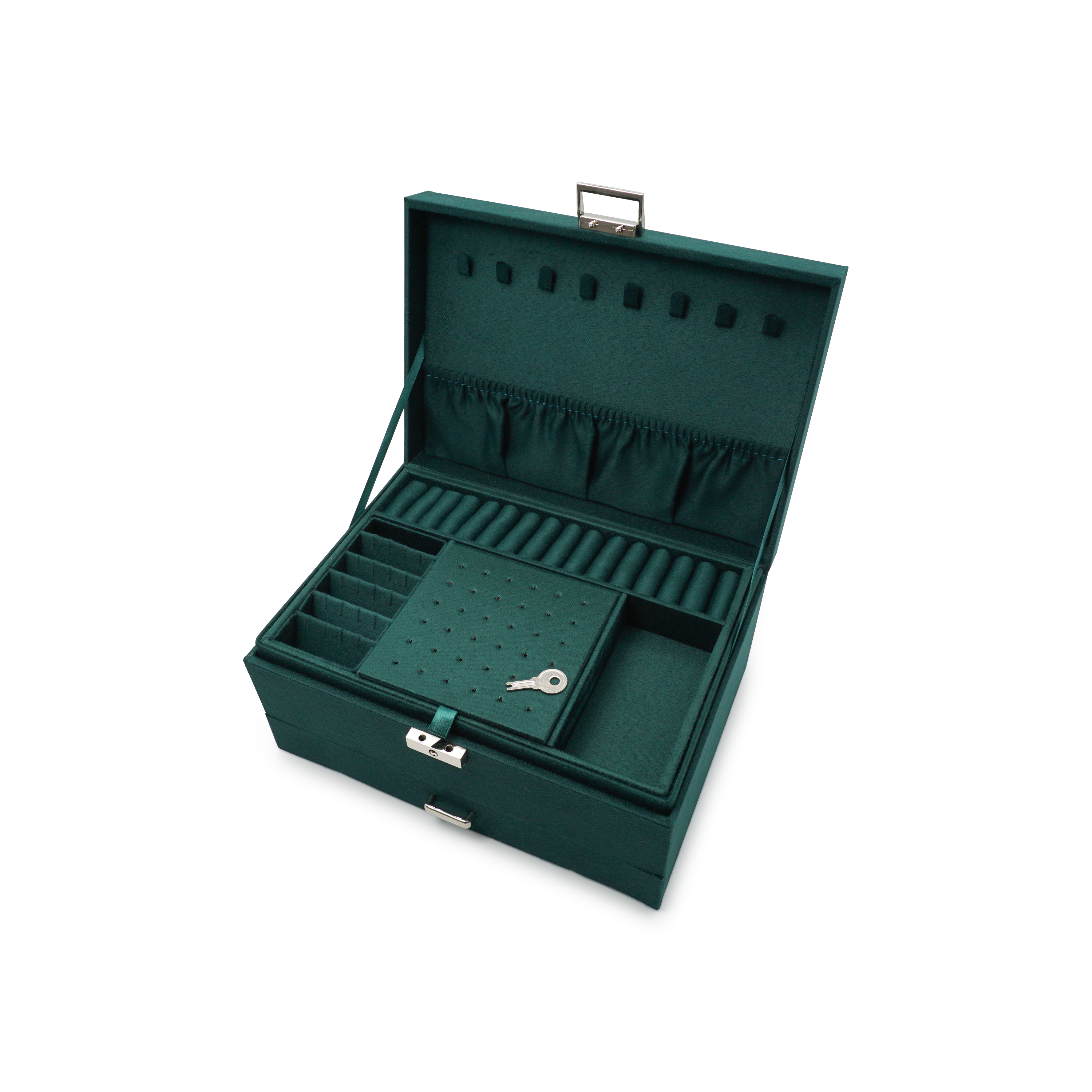 Flanell Schmuckschatulle mit Schloss Aufbewahrungsbox Organizer für Ringe / Halskette / Ohrringe / Armbänder - Dunkelgrün
