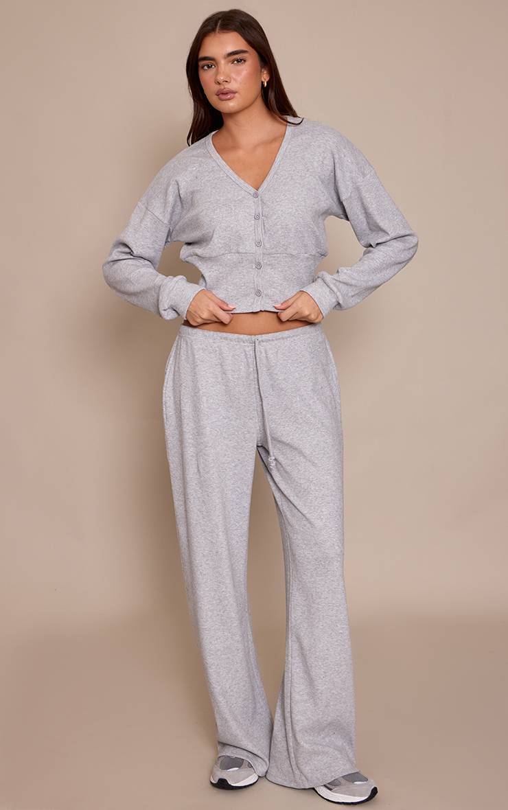Gris Chiné Ensemble Cardigan Côtelé Doux À Taille Cintrée
