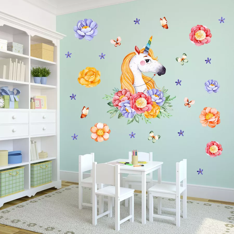 Nikima Wandtattoo 161 Einhorn mit Blumen Regenbogen in 6 vers. Größen bunt