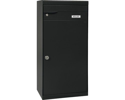 MEFA pakketbrievenbus, gepoedercoat staal, BxHxD 510/1100/390 mm, Fuego 991, gitzwart RAL 9005, toegang aan de voorzijde, 2 compartimenten met naamplaatje