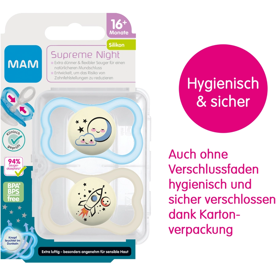 MAM Supreme Night Silikon, ab dem 16. Monat 2 Stück MondRakete in blaubeige