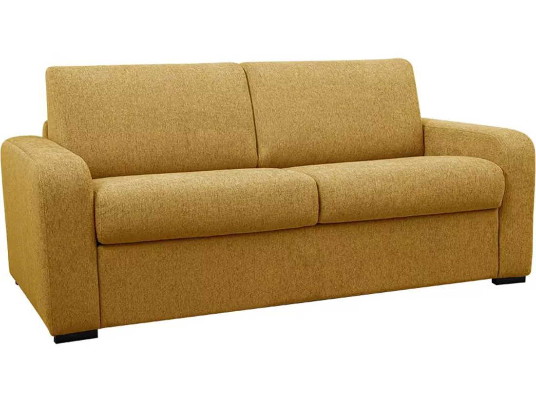 Canapé 3 places convertible express en tissu jaune moutarde - Couchage 140 cm - Matelas 13 cm - BEVIS