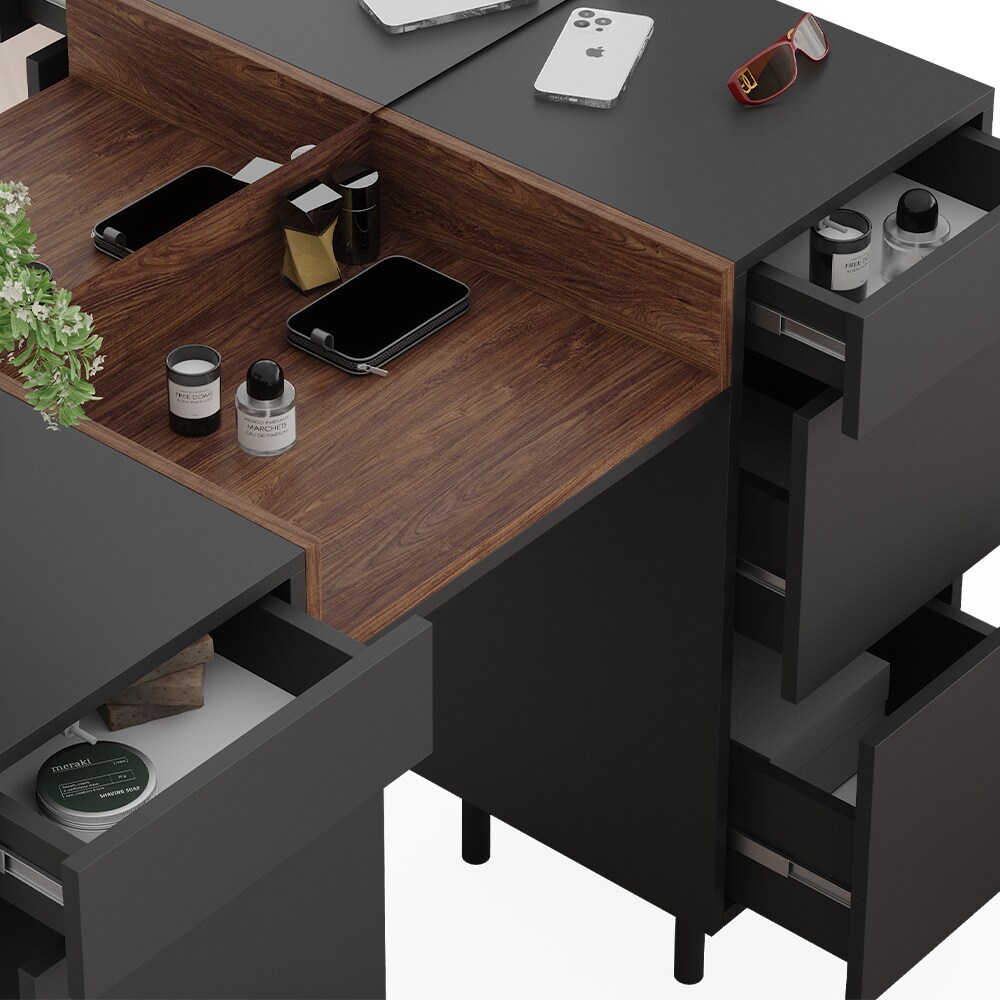 Vicco Schminktisch Anika mit Spiegel, Hocker, 120 x 80 cm, Anthrazit Walnussbraun, Schlafzimmer