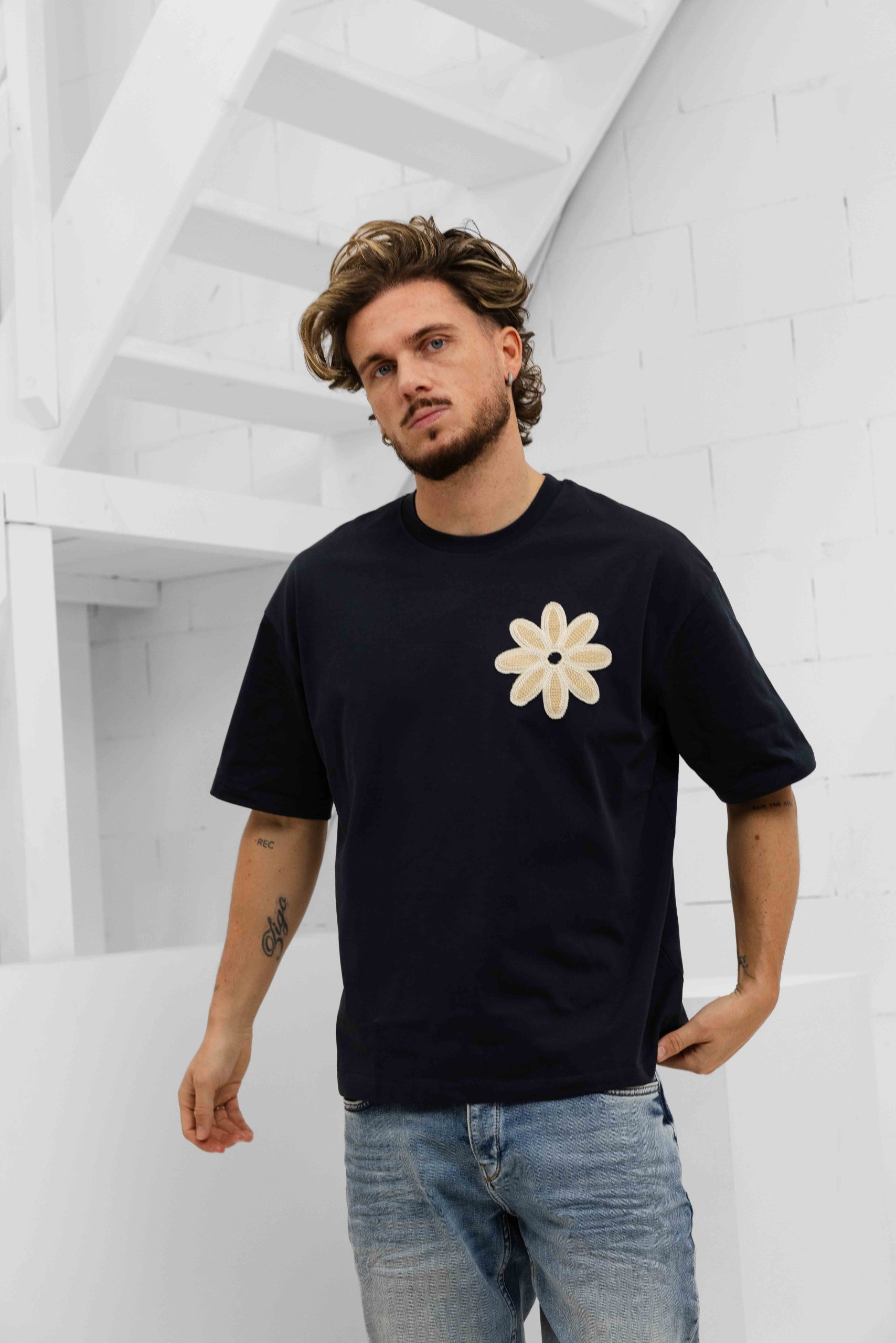 Project X Paris Embroidered Flower T-Shirt Heren Donkerblauw