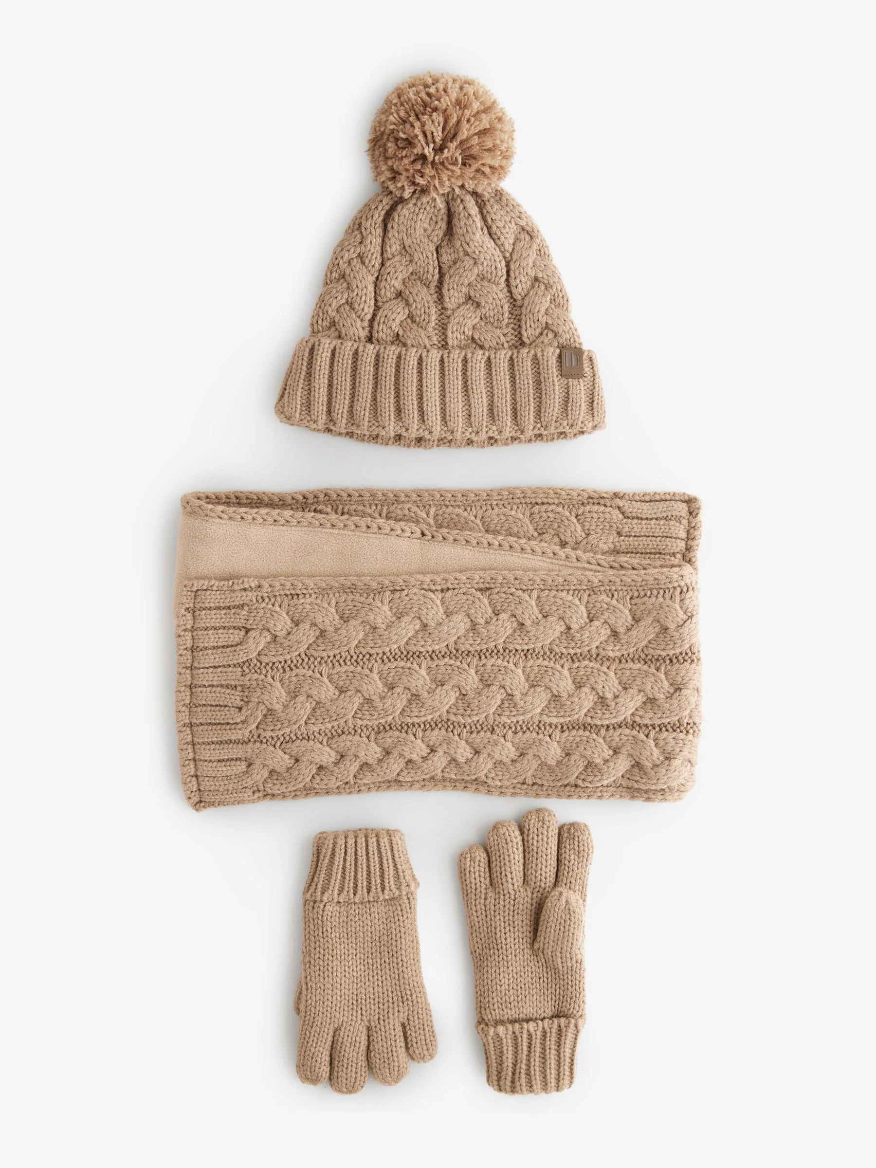 Naturel gebreid met kabelpatroon - Hoed, Handschoenen & Sjaals 3 delige Set (3-16jaar)