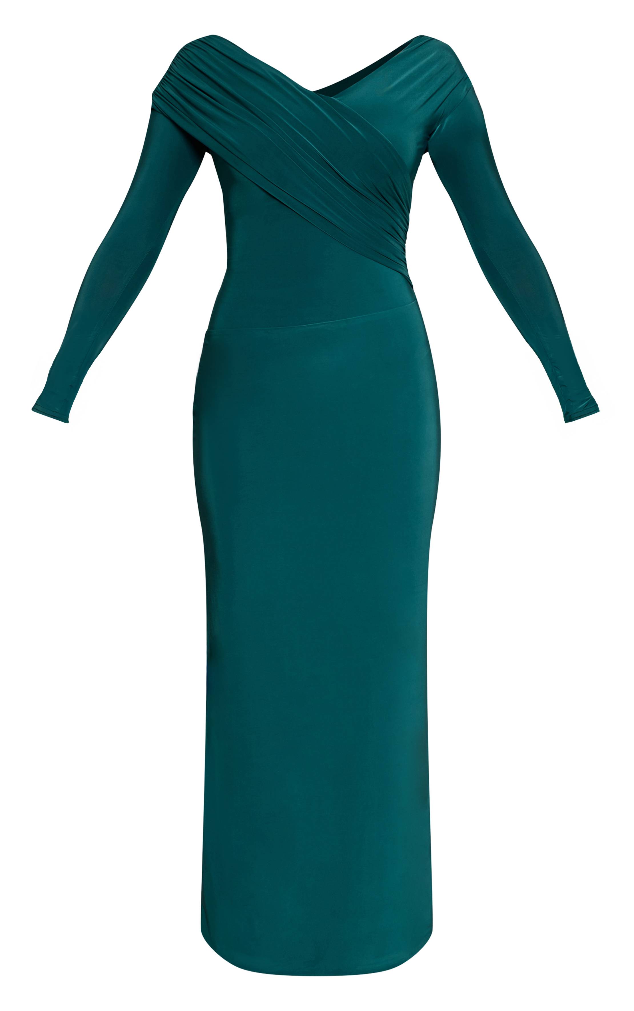 Forest Green Robe Maxi Bardot Asymétrique À Double Couche