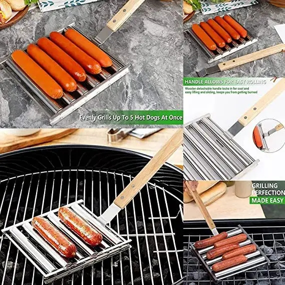 Edelstahl Hot Dog Rack Wurst Roller BBQ Grill Zubehör Bratwurst Gestell mit Holzgriff