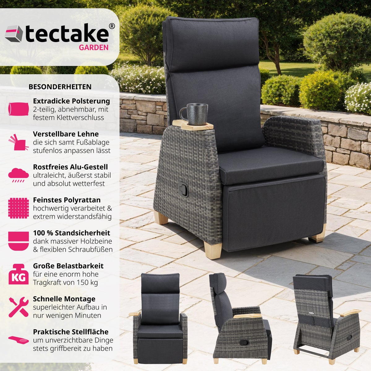 Rotan fauteuil tectake Pescara met aluminium frame 68,5 x 67 - 128 x 87 - 104 cm