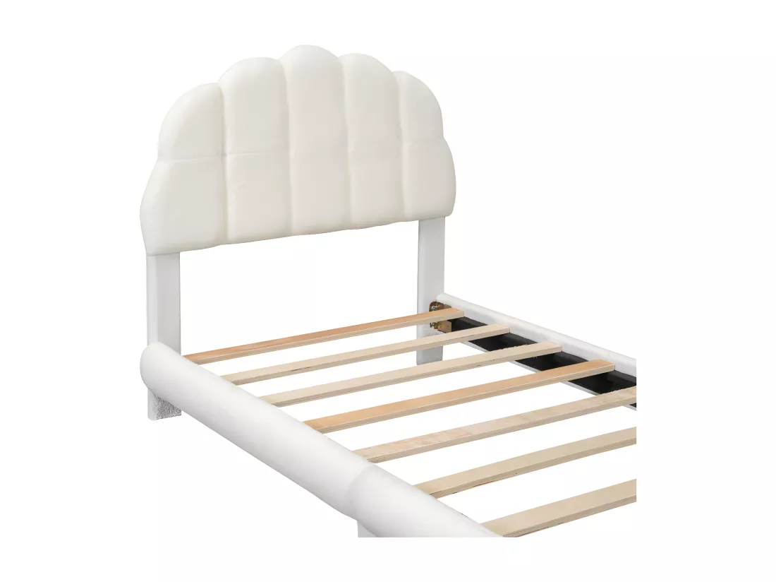 Lit enfant simple 90x200cm rembourré en tissu peluche - avec sommier à lattes en MDF - Beige