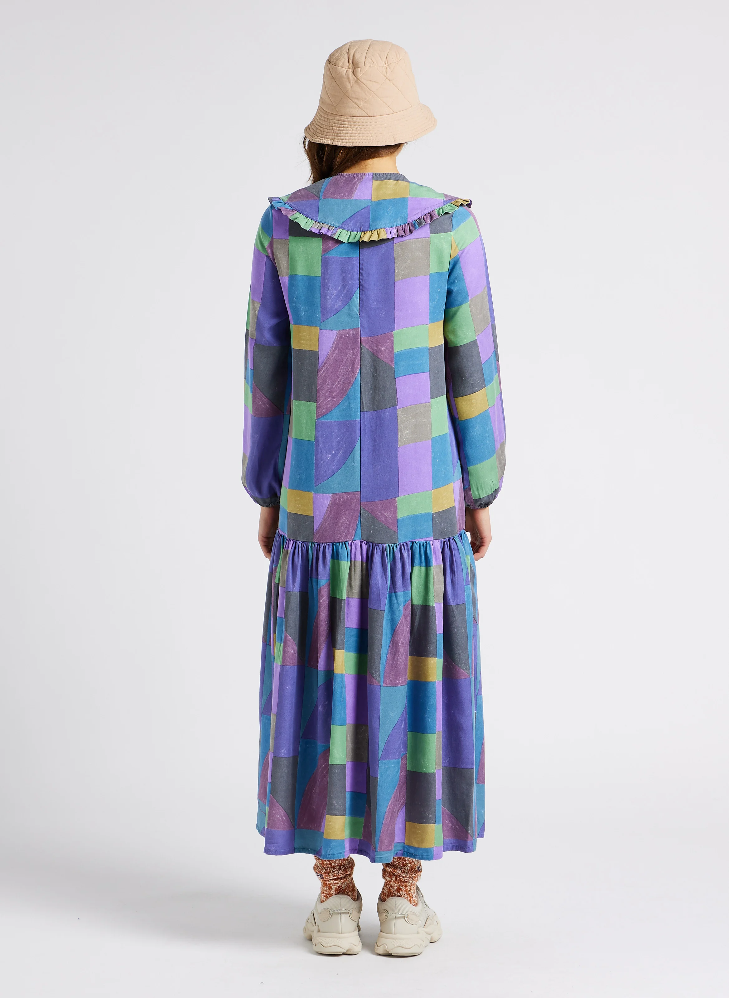 Robe longue col claudine à carreaux| Multicolore