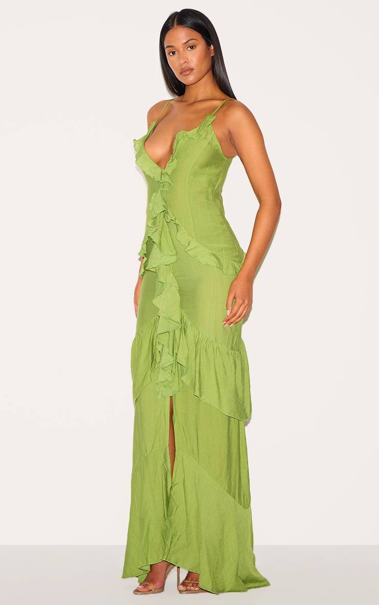 Vert Olive Robe Maxi Texturée À Volants Pour Grande Taille