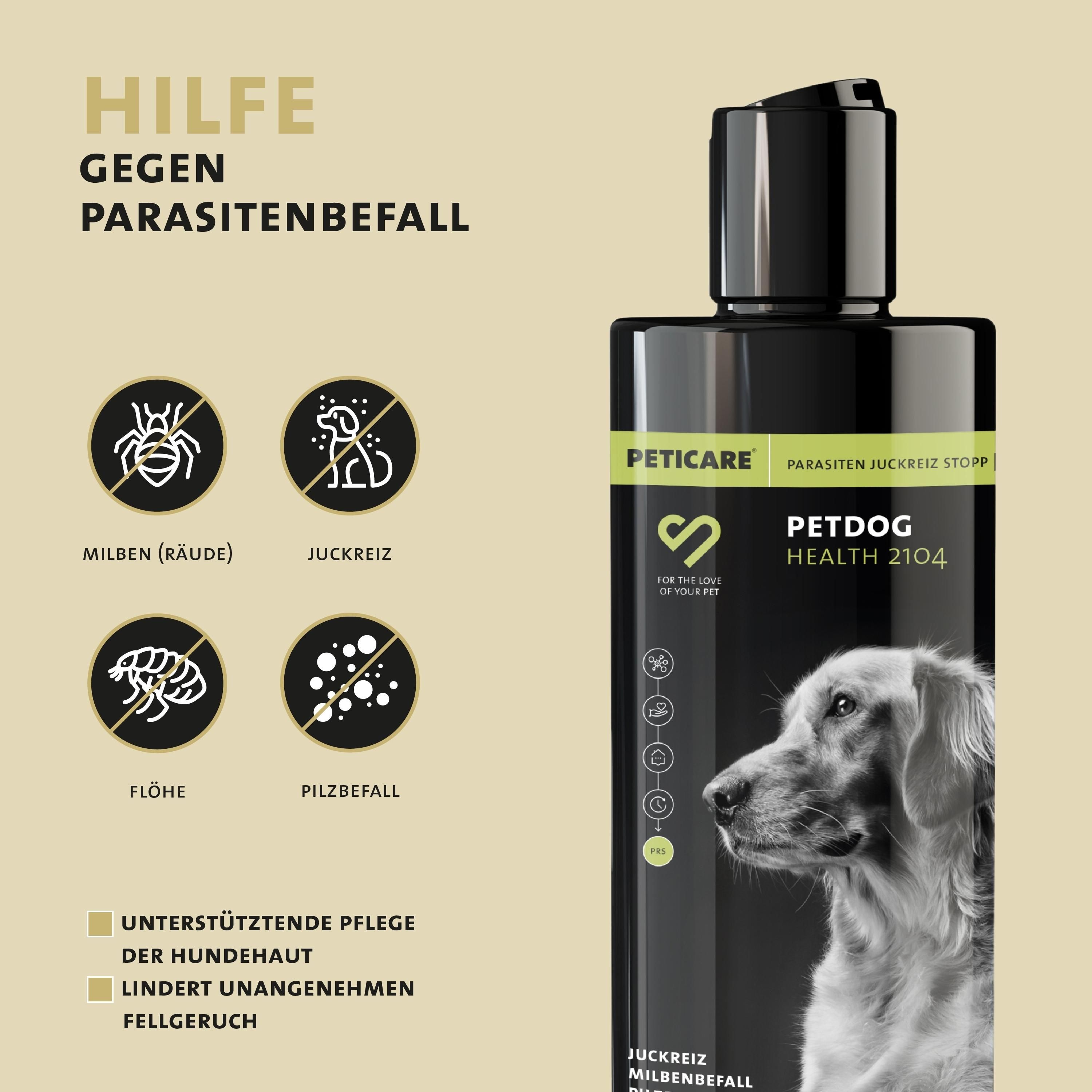 Peticare Anti-Parasiten Hunde-Shampoo gegen Milben Flöhe Pilz, lindert Juckreiz