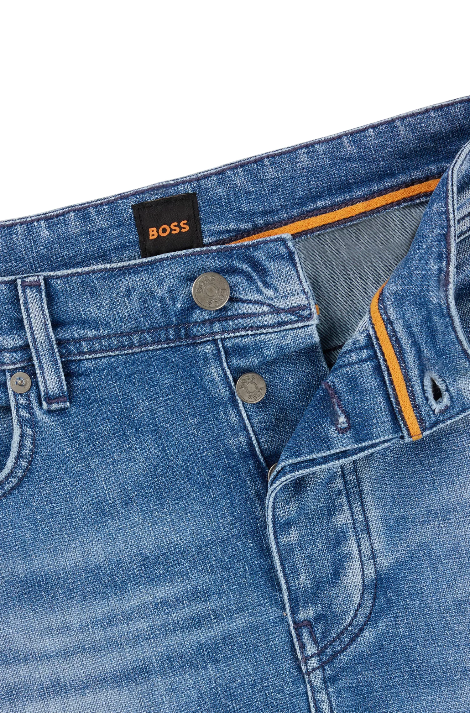 Calça jeans BOSS laranja, corte afunilado, em denim azul com elasticidade confortável.