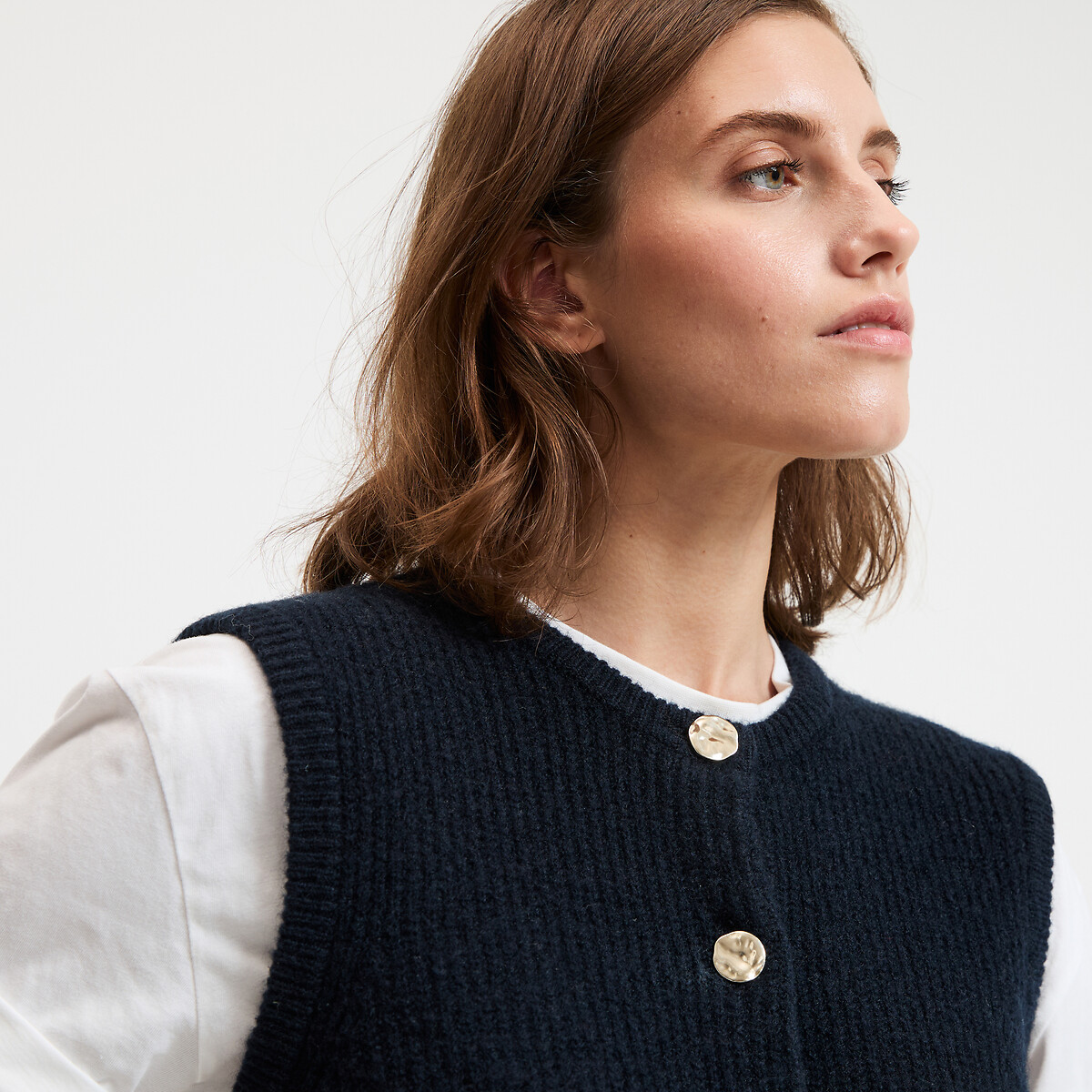 LA REDOUTE COLLECTIONS<br>Cardigã com fecho de botão, gola redonda, tricô grosso