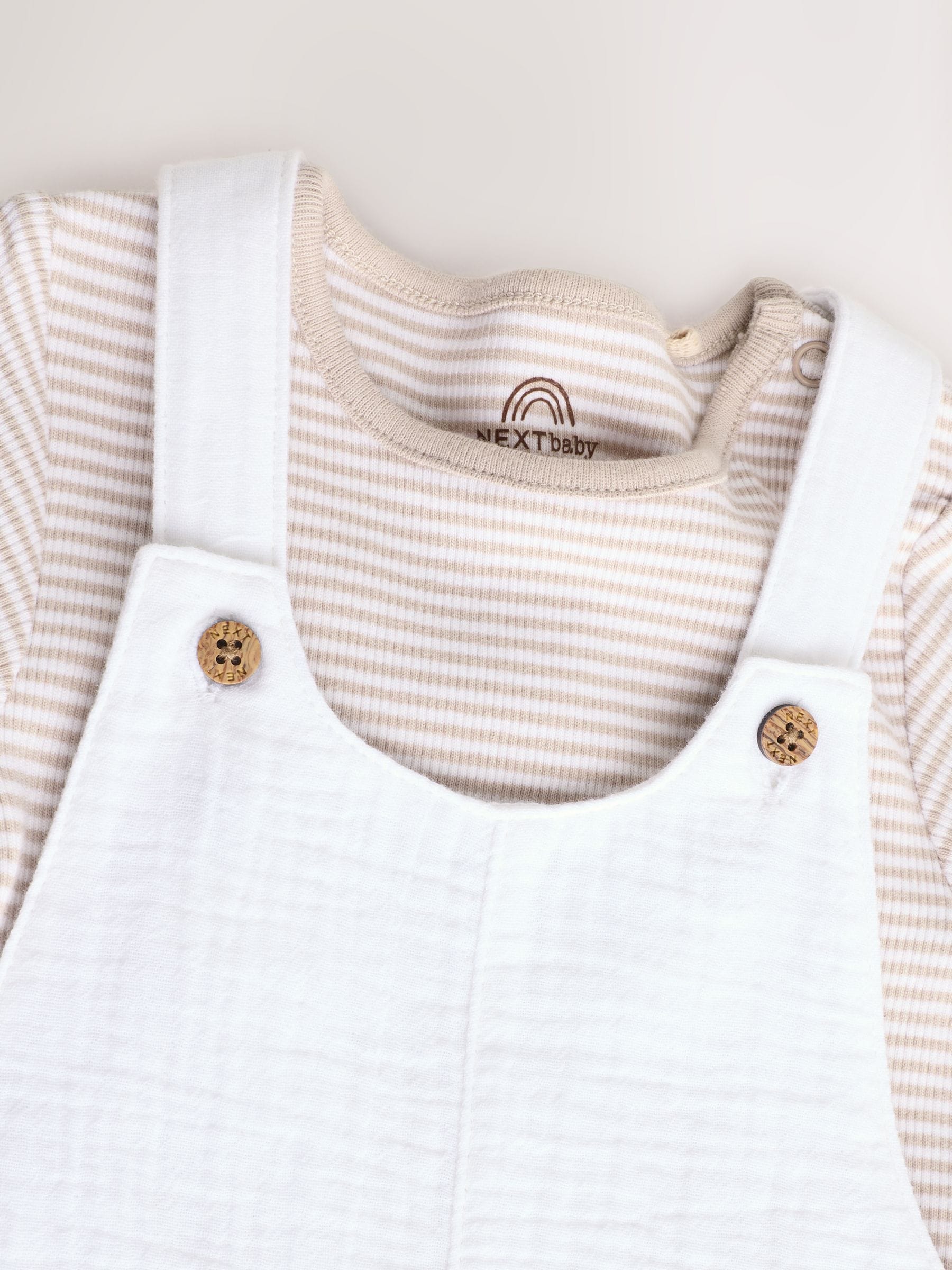 Wit/neutraal - Babyset van geweven tuinbroek en gestreepte romper (0mnd-2jr)