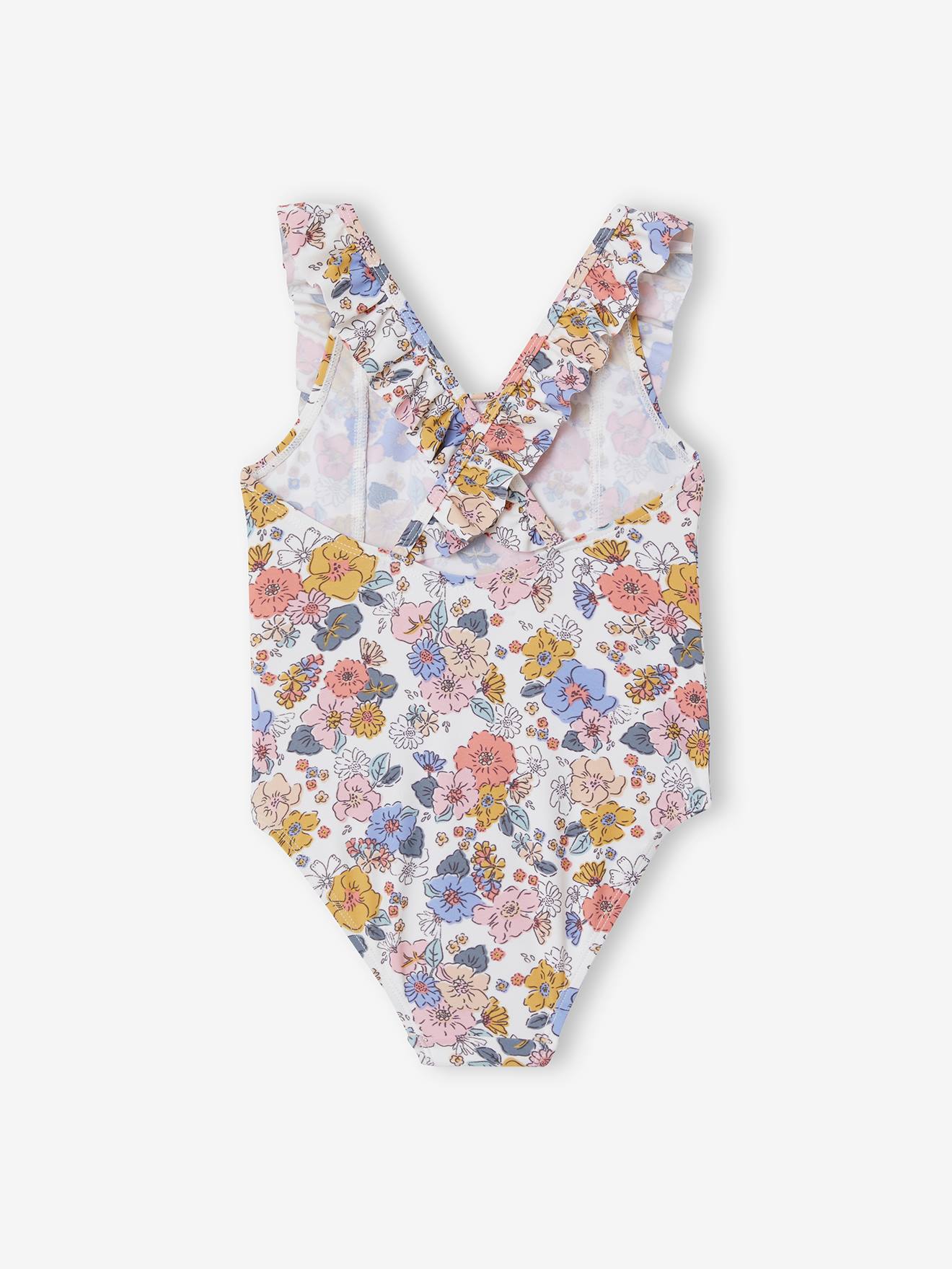 Maiô bege claro com estampa floral para meninas
