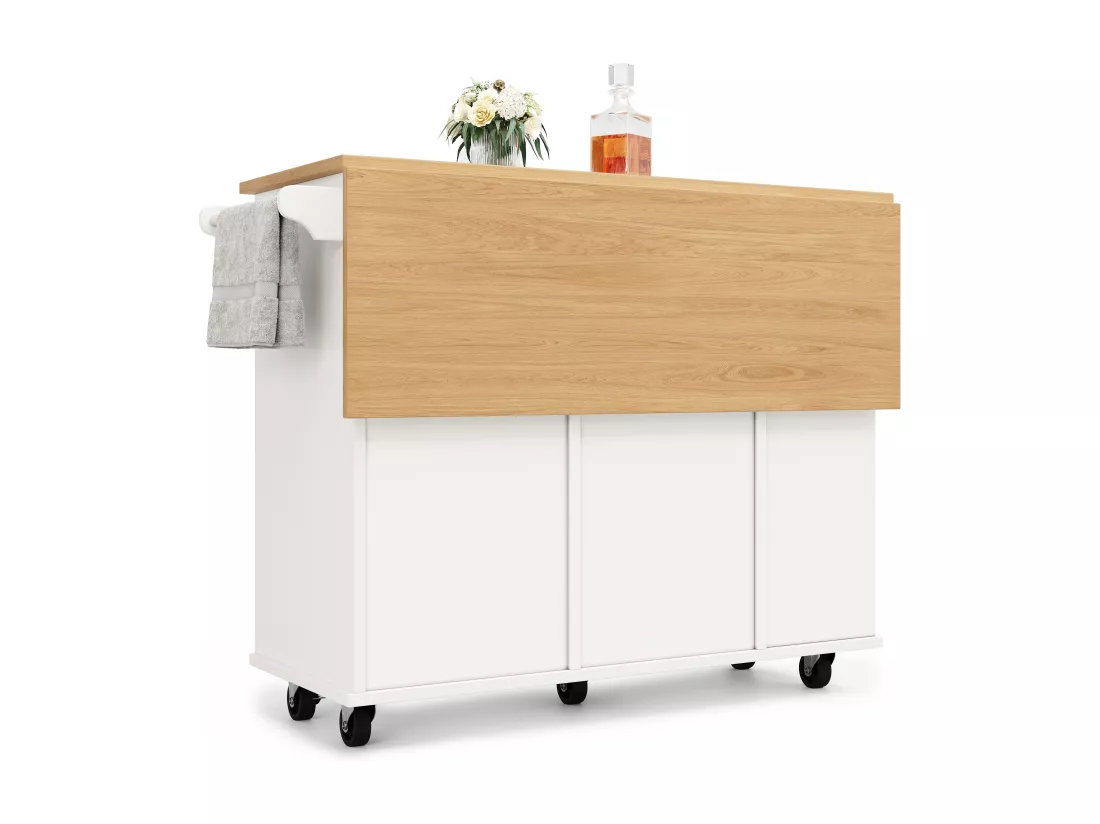 Ilot central de cuisine - chariot à roulette avec plateau extensible - 2 tiroirs et 1 portes - Blanc