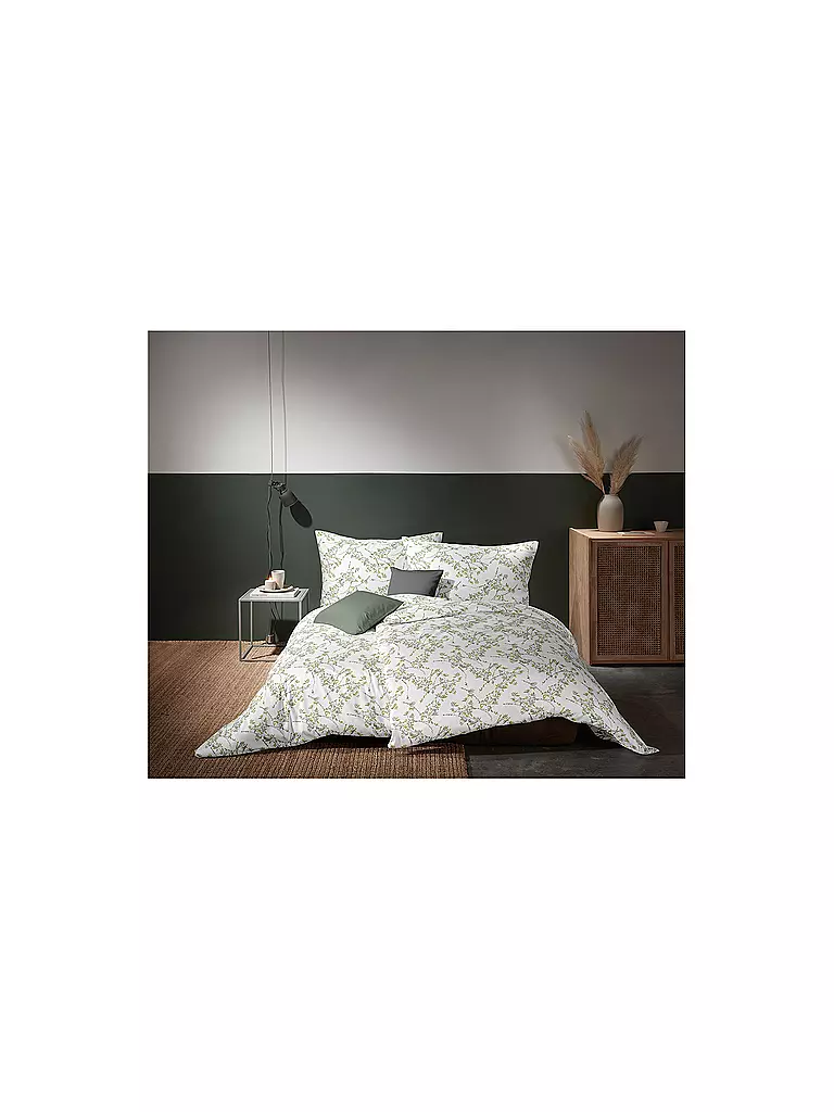 FLEURESSE Satin Bettwäsche MODERN GARDEN 70x90cm/140x200cm Pistazie weiss