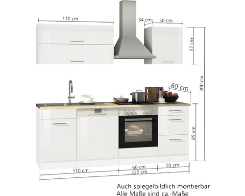 Held Furniture keukenblok zonder apparatuur Milan 220 cm grijs hoogglans gedemonteerd omkeerbaar model 563.1.6211