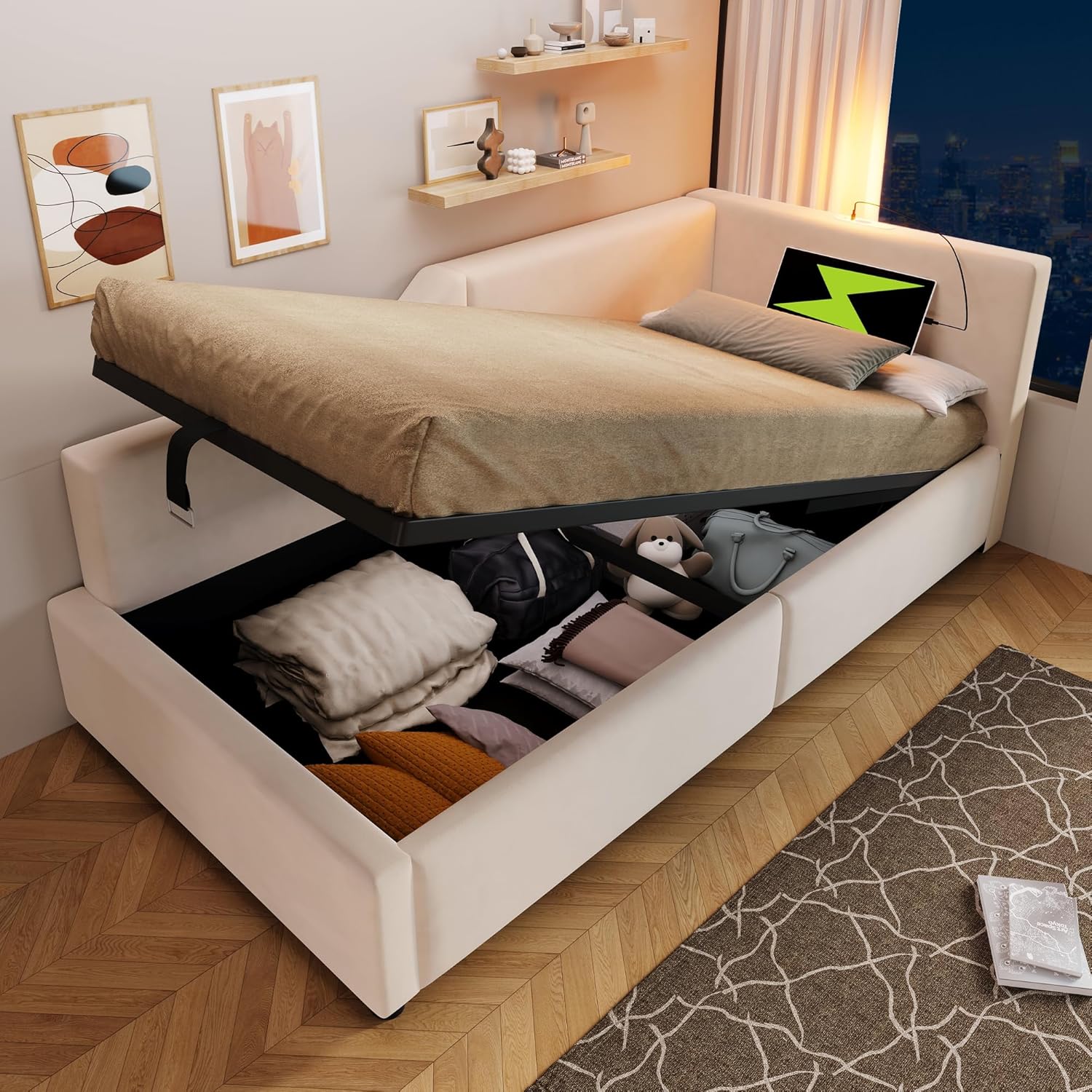 Polsterbett Tagesbett Daybett 90x200cm, Schlafsofa mit hydraulischem Stauraum, Leselichtfunktion und USB-C-Ladefunktion, Jugendbett Bettgestell, Samt (Beige, 90×200cm)