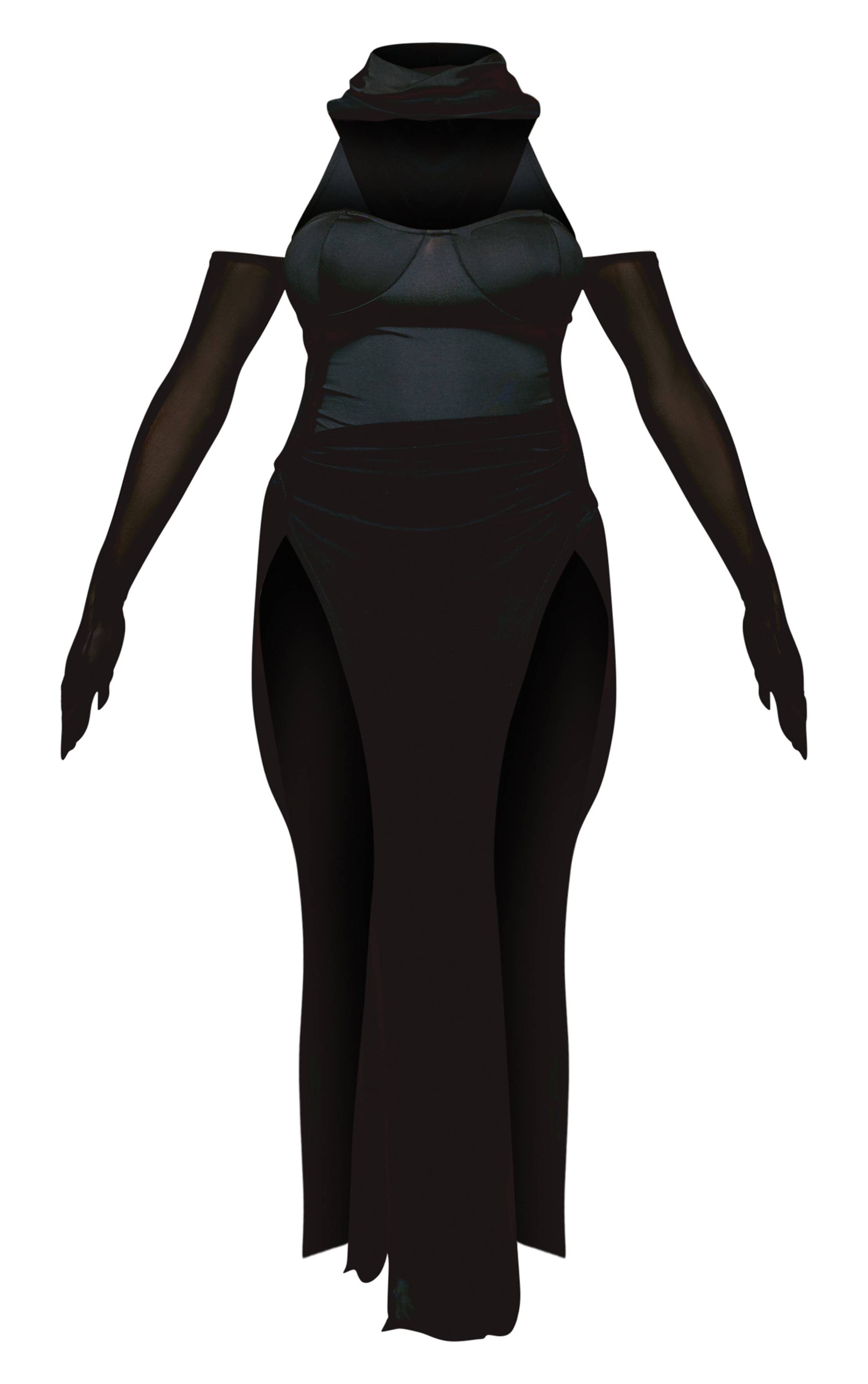 Noir Robe Maxi Moulante Shape À Casynthétiqueche En Mesh Avec Body Intégré Et Gants
