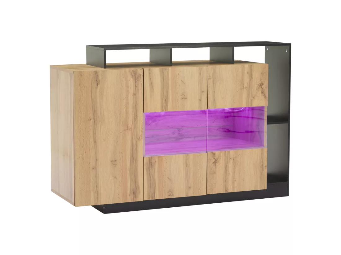 Buffet avec 3 portes et étagères de rangement - 140 x 44 x 93.5 cm - LEDs - Bois MDF - Naturel