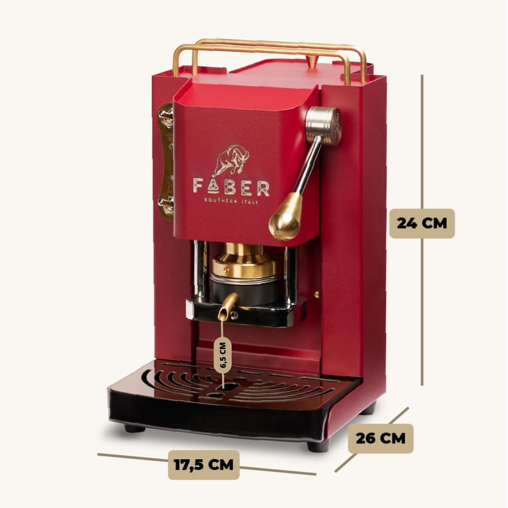 FABER COFFEE MACHINES | Modell Pro Mini Deluxe | Kaffeepadmaschine für 44 mm ESE-Pads | Einstellbare Padpresse aus Messing (CHERRY RED)
