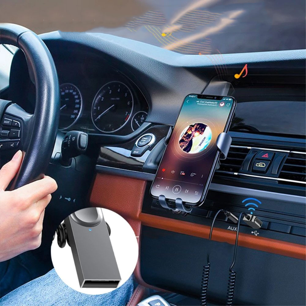 (1.2m) KFZ Bluetooth 5.1 Audio Receiver mit Freisprecheinrichtung   3.5mm Klinkeadapter Spiralkabel - Grau / Schwarz