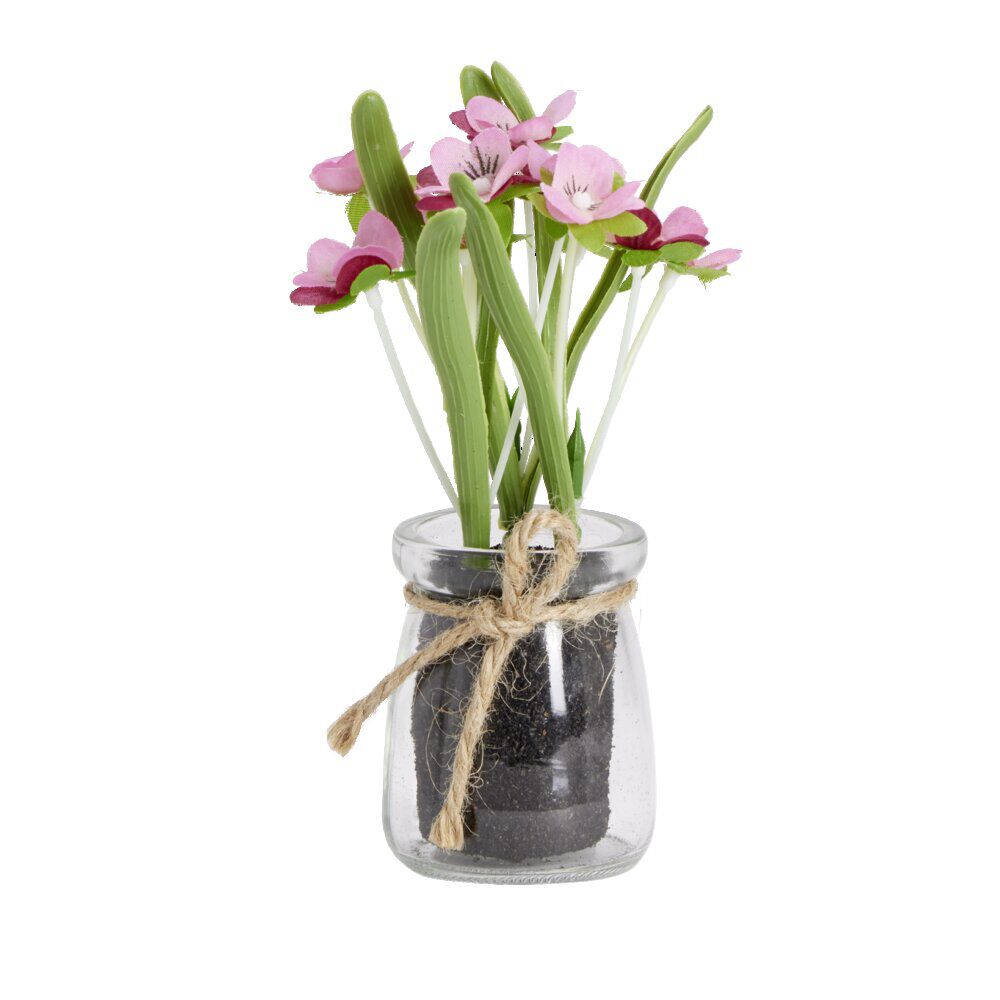 Fleurs artificielles pot en verre avec terre H16cm - 3 modèles